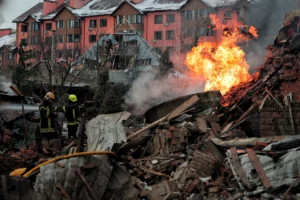 A private house remains destroyed after a Russian mass missile and drone attack on February 22, 2026 in Kyiv, Ukraine.