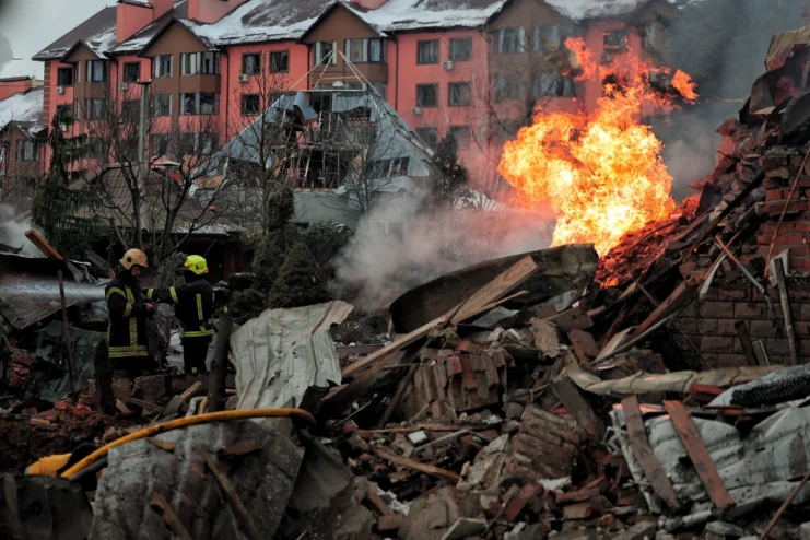 A private house remains destroyed after a Russian mass missile and drone attack on February 22, 2026 in Kyiv, Ukraine.