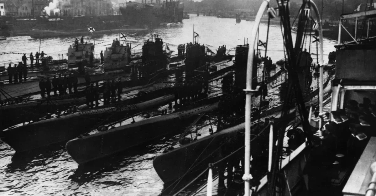 1917: U-Boats in Kiel Harbour during the First World War. 