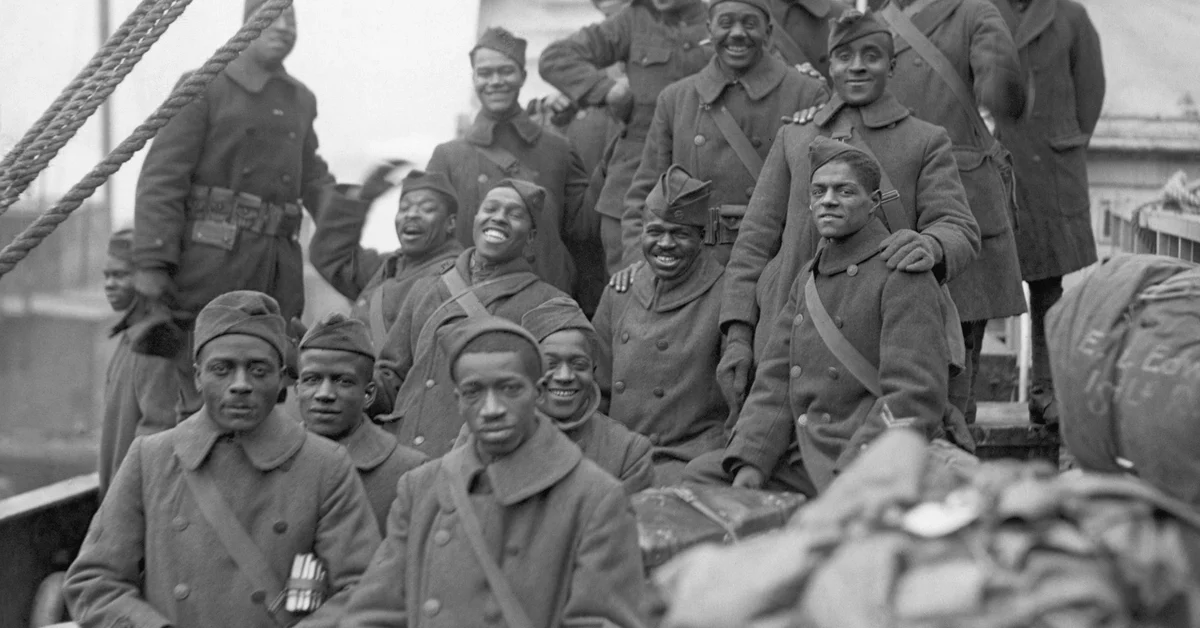 The arrival of the 369th Black infantry regiment in New York after World War I. 