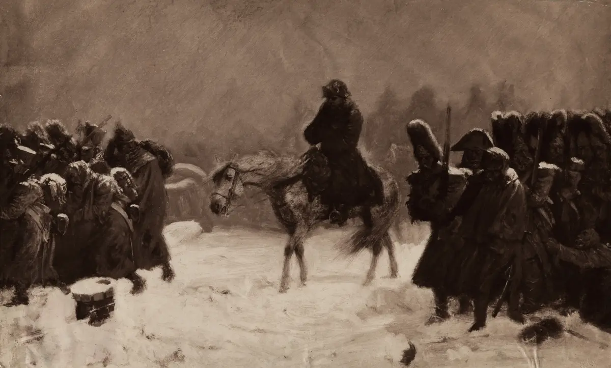 French Emperor Napoleon Bonaparte and the Grande Armee flee the pursuing Russian army on the retreat from Moscow during the Napoleonic War of the Sixth Coalition on 20th November 1812 in Russia. An etching after the original work by Adolph Northen.