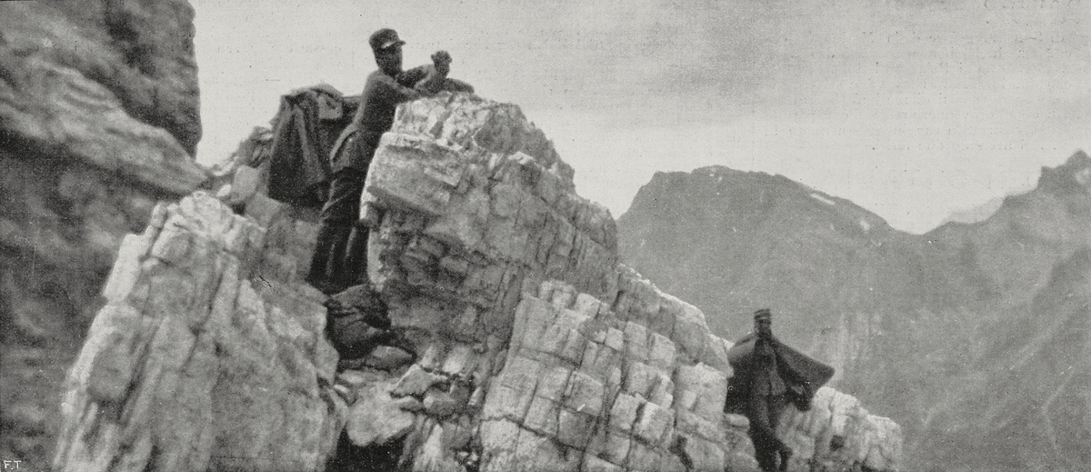 Italian soldiers clinging to the rocks to observe the moves of the enemy, Alps front, Italy, World War I, from L'Illustrazione Italiana, Year XLII, No 32, August 8, 1915.