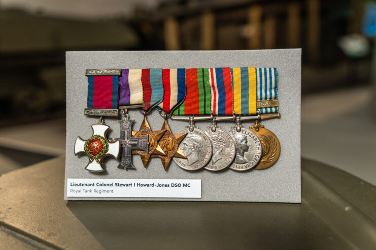 Lt. Col. Stewart Inglis Howard-Jones' medals placed on a silver backdrop