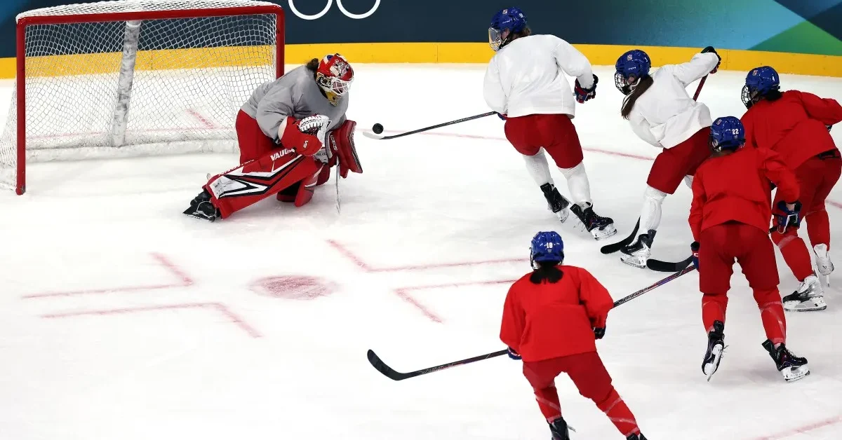 Women's hockey players from the Czech Republic national hockey team train during a practice ahead of the Milano Cortina 2026 Winter Olympics at the Milano Rho Ice Hockey Arena on February 01, 2026 in Milan, Italy