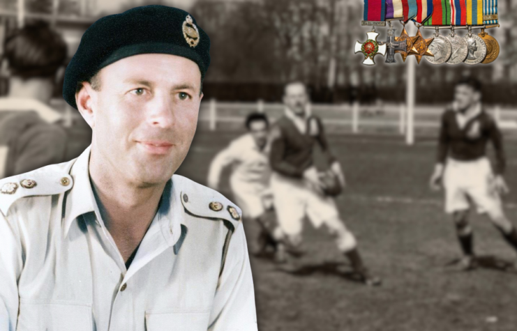 Lt. Col. Stewart Inglis Howard-Jones running in a sports field with other men + Military portrait of Lt. Col. Stewart Inglis Howard-Jones + Lt. Col. Stewart Inglis Howard-Jones' medals