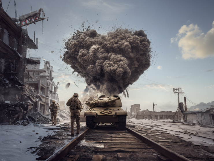 Cinemaic representation of a warlike situation with a heart shaped cloud billowing overhead.