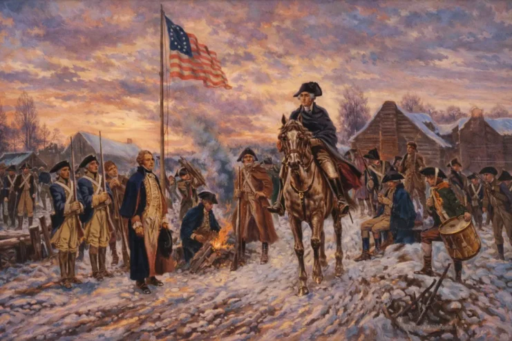 An artistic depiction of George Washington in Valley Forge.