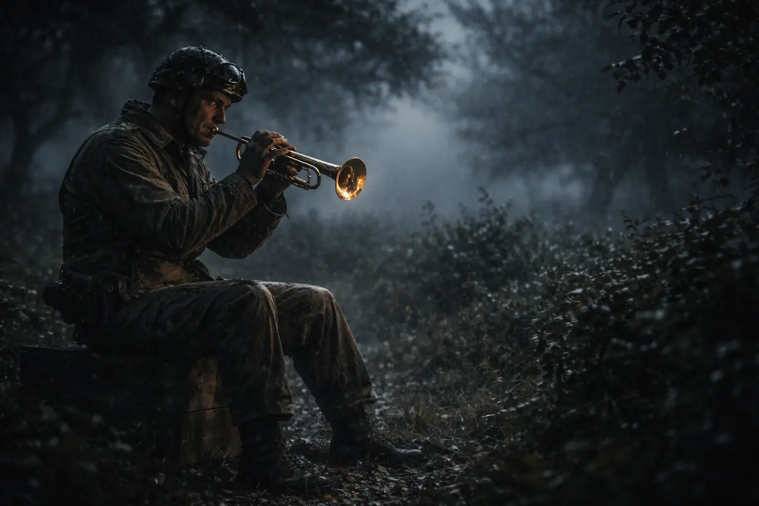An artistic depiction of Jack Tueller playing the trumpet at night.