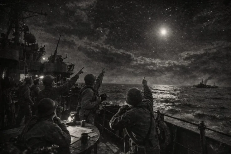 An artistic depiction of soldiers aboard a US Navy Warship panicking after seeing the planet Venus in the night sky. They mistook it for a Japanese Fu-Go balloon.
