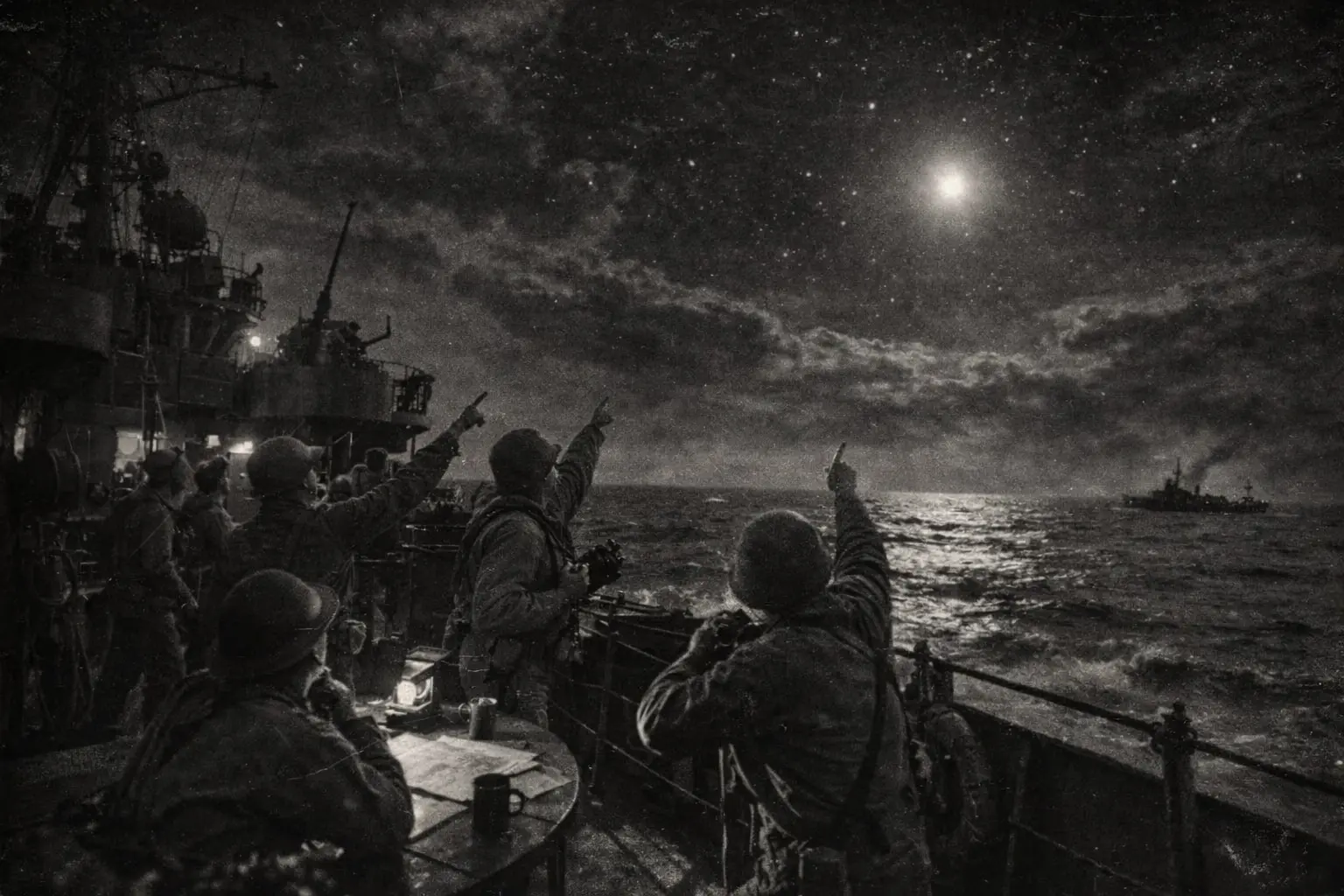 An artistic depiction of soldiers aboard a US Navy Warship panicking after seeing the planet Venus in the night sky. They mistook it for a Japanese Fu-Go balloon.