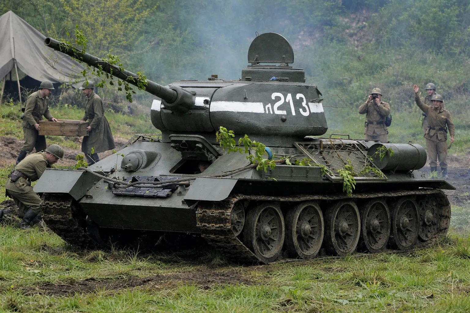 An image of a Soviet T-34 tank in the battle field.