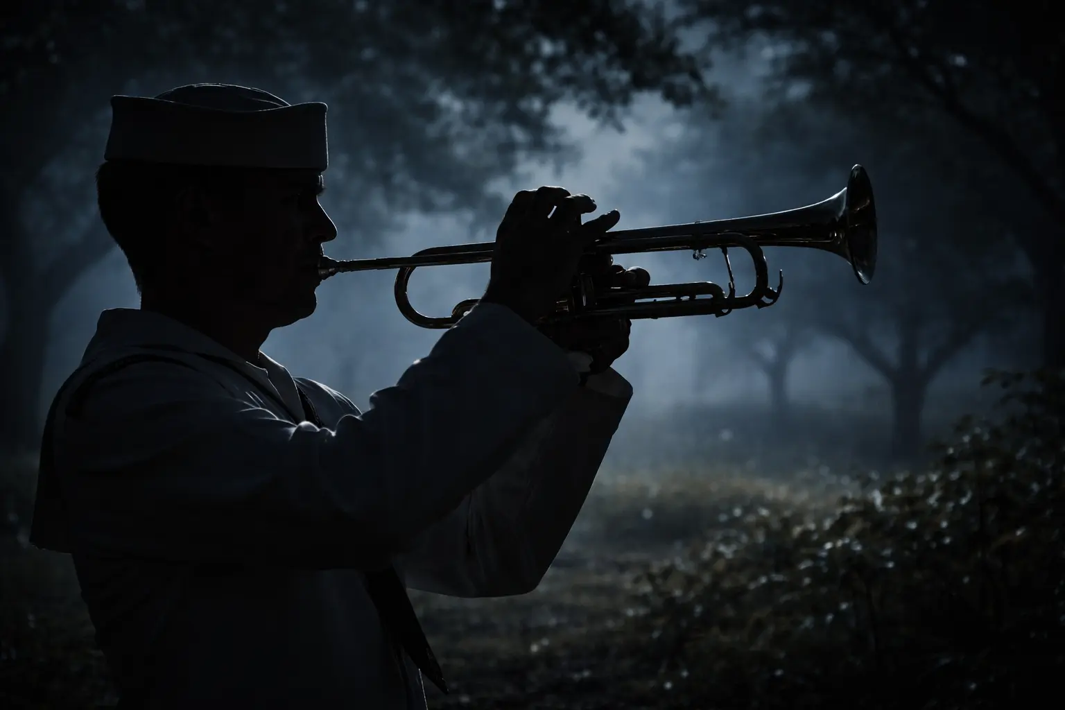 An artistic depiction of the soldier Jack Tueller playing his trumpet at night.