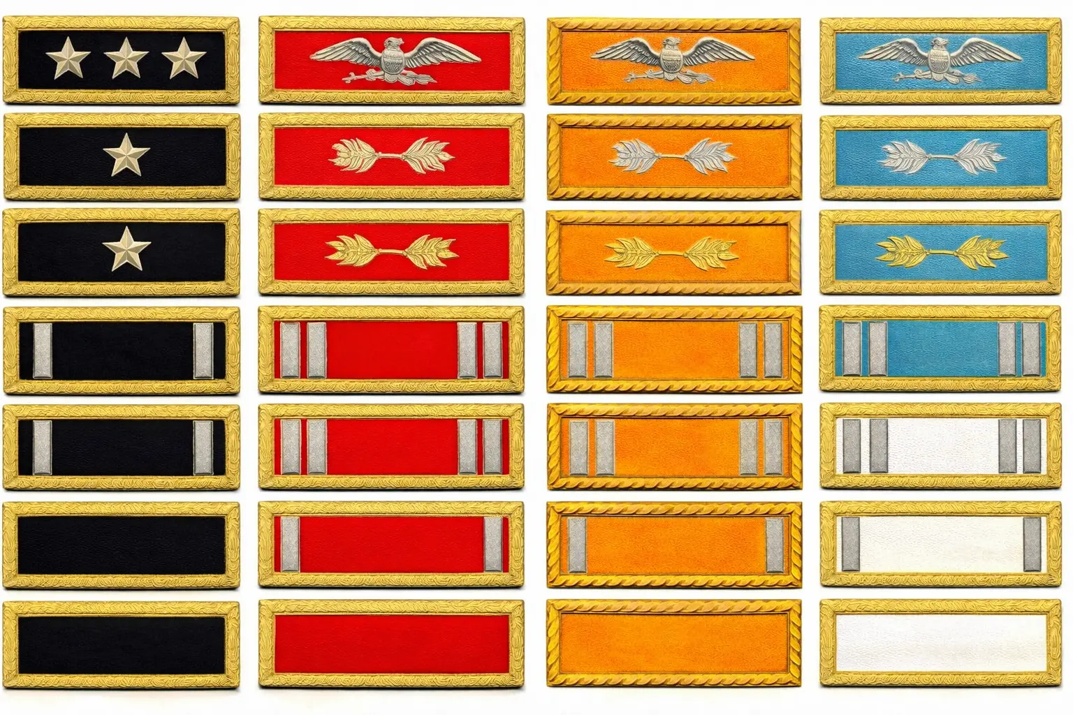 The different army branch colors on the uniforms used to identify soldier branches.