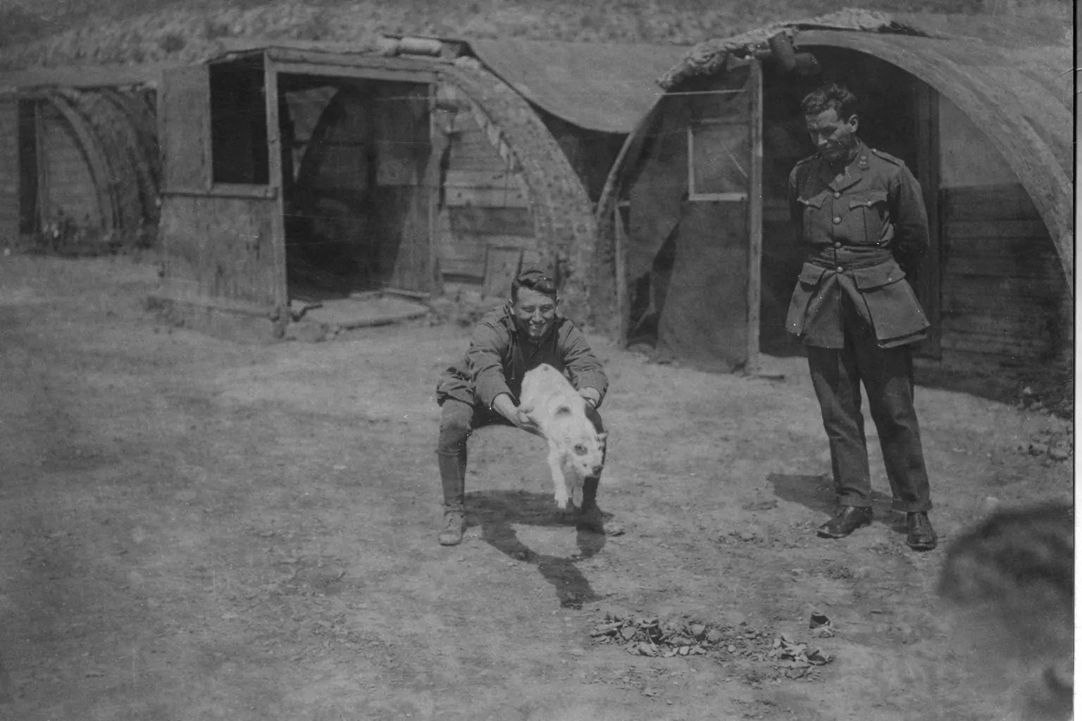 A soldier playing with his cat during ww1.
