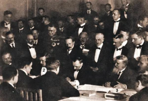 Signing of the Treaty of Brest-Litovsk (February 9, 1918) by 1. Count Ottokar Czernin, 2. Richard von Kühlmann and 3. Vasil Radoslavov