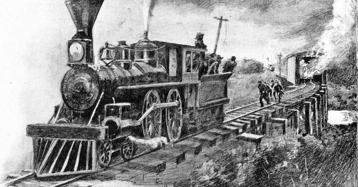 The Mitchel Raiders set a train car on fire in an attempt to set a covered railway bridge ablaze and thwart pursuit, from Deeds of valor; how America's heroes won the Medal of Honor, published in 1901. The event is referred to now as the Great Locomotive Chase, but Deeds of Valor refers to it as "The Mitchell (sic) Raid".