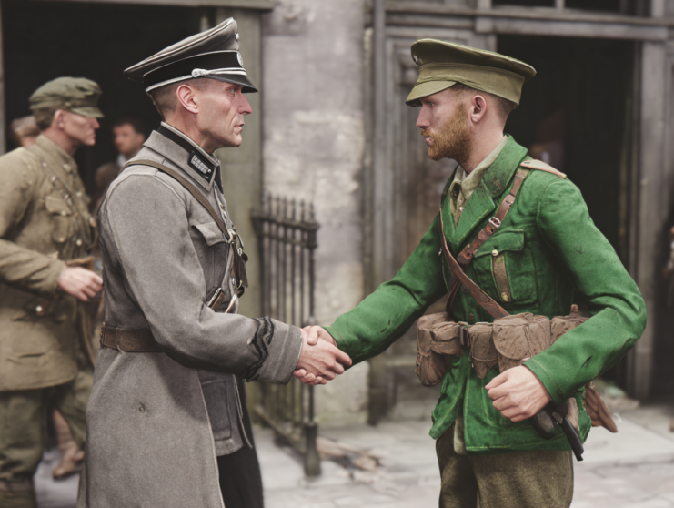 Cinematic shot of a hand shake between a WW2 German officer and an Irish Republican Army member. --ar 4:3
