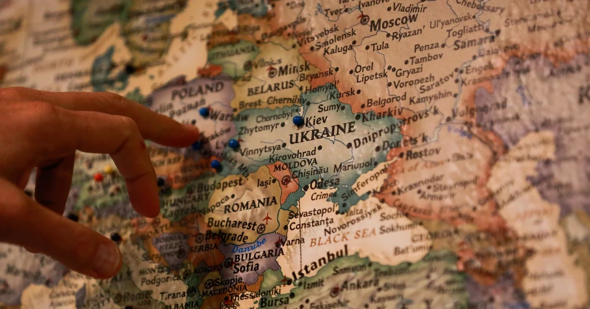 Andy Kurtzig, CEO of JustAnswer, who has about 270 employees based in Ukraine, looks on the map to see where his employees might be relocating after watching a briefing from President Biden on the news on Tuesday, Feb. 22, 2022 in San Anselmo, California. 