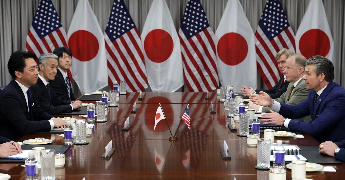 U.S. Secretary of War Pete Hegseth (R) speaks during a meeting with Japanese Defense Minister Shinjiro Koizumi (L) at the Pentagon on January 15, 2026 in Arlington, Virginia. Koizumi is meeting with Hegseth about regional security threats from China and North Korea and strengthening the Japan-U.S. security alliance.