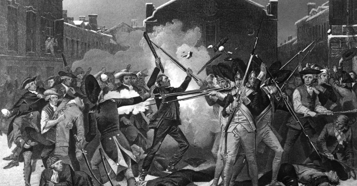 5th March 1770: British soldiers open fire on a crowd of Bostonians, killing five people, in what became known as the Boston massacre. The Americans were demonstrating against the Townshend Duties - taxes imposed on colonists - and the massacre fuelled their resentment of the British even more. A drawing by Alonzo Chappel, published in 1868.