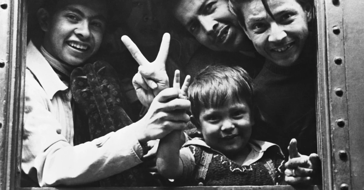 A Mexican family leaves to cross the boarder during World War II to help wartime labor shortages. The importation of migrant workers became necessary, thus the federal government created the "bracero" program, which recruitted the Mexicans to work on U.S. farms and railroads. 1944. 