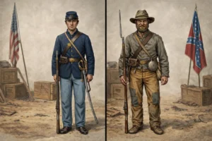 A republican and confederate soldier next to each each other showing their uniforms.