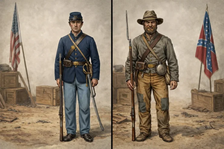 A republican and confederate soldier next to each each other showing their uniforms.