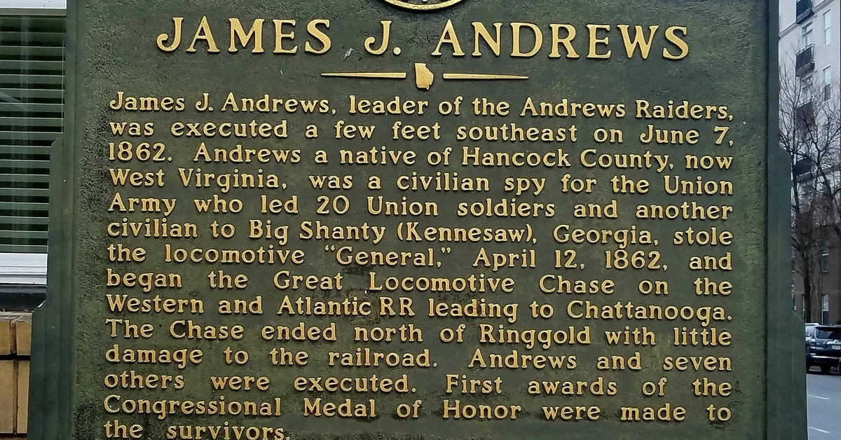Historical marker for James J. Andrews in Atlanta, Georgia.