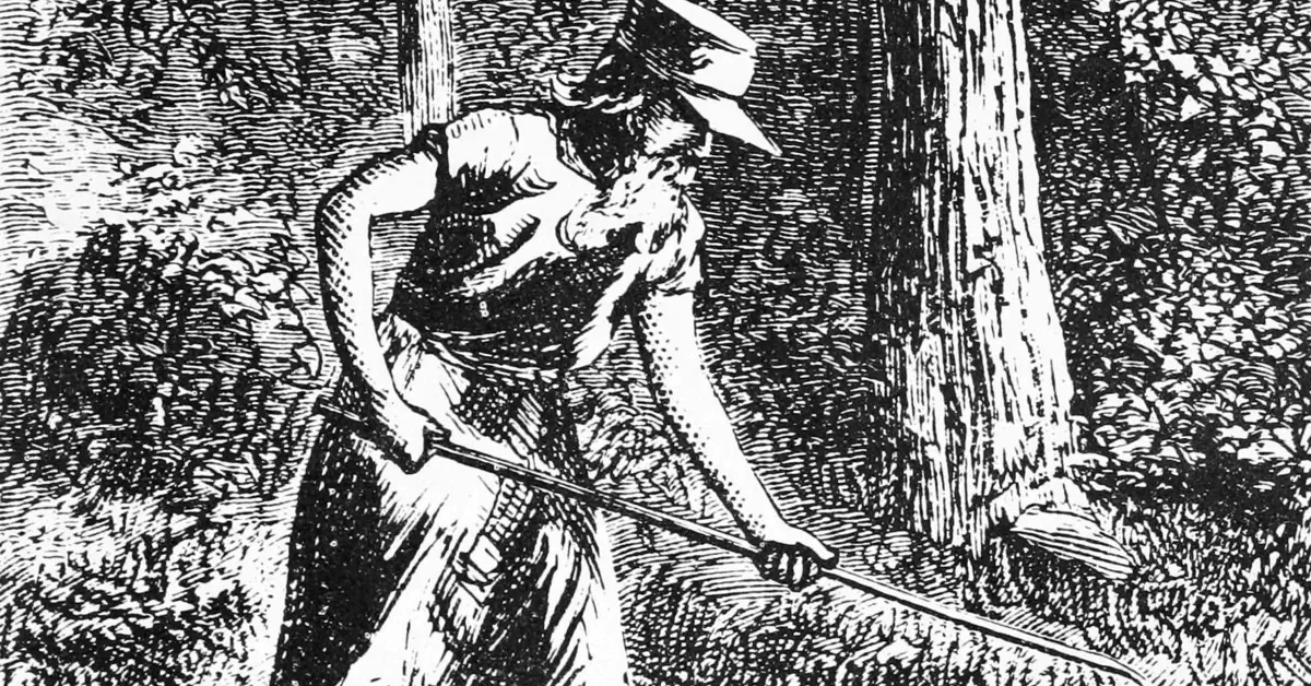 An etching of John Chapman, aka Johnny Appleseed, from Harper's New Monthly Magazine in 1871. According to Pollan in The Botany of Desire, the engraving depicts him "as a sinewy, barefoot figure with a goatish beard," wearing "something that looks . . . like a toga or a dress."