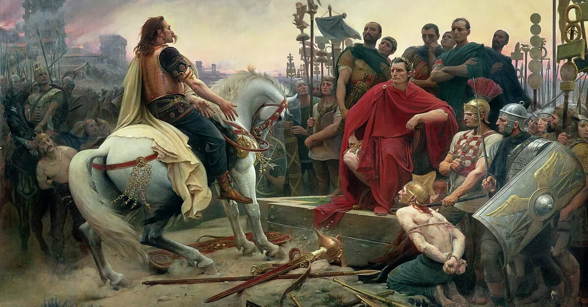 Lionel Royer's painting of Vercingetorix Throwing down His Weapons at the feet of Julius Caesar, 1899