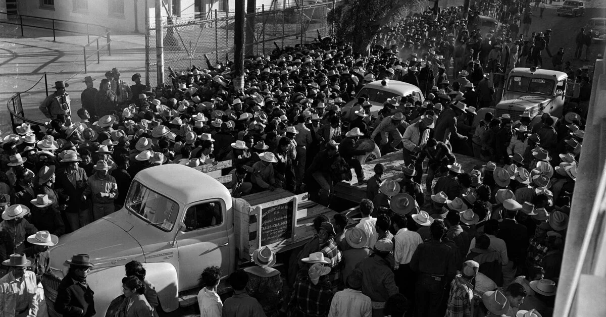 Mexican workers await legal employment in the United States, Mexicali, Mexico, 8 February 1954