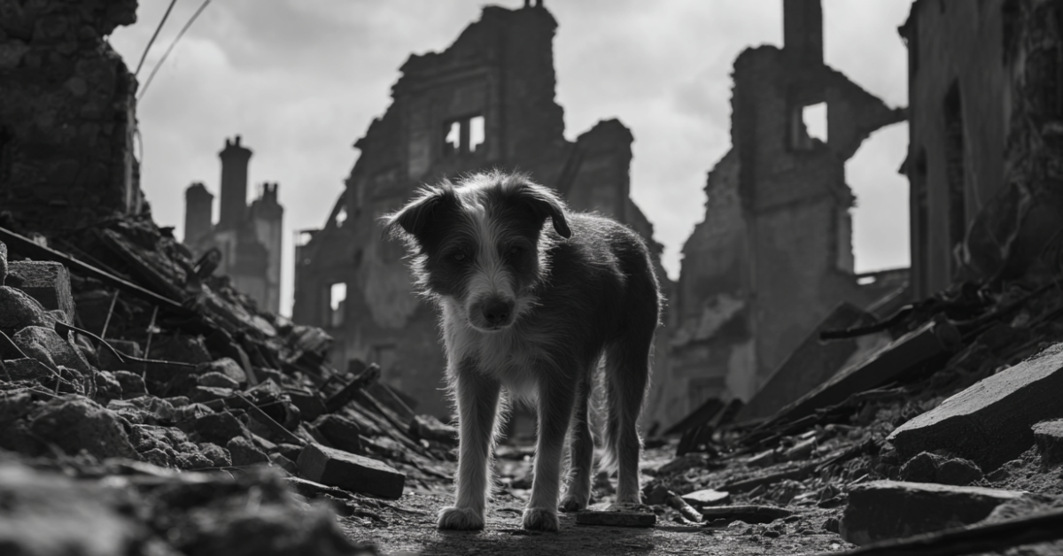 Cinematic black and white shot of a dog among the ruins of a bombed British city parts during the 1940s.