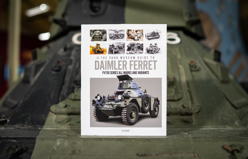 'The Tank Museum Guide to Daimler Ferret' against a backdrop featuring a nondescript military vehicle
