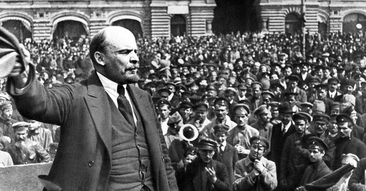 Vladimir Lenin giving a speech.Vladimir Lenin arrives in Saint Petersburg triggering the October Revolution