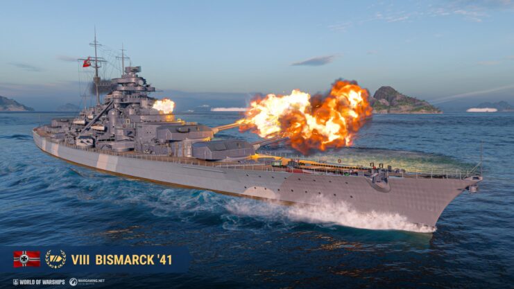 In-game screenshot of the German battleship Bismarck firing its main guns at sea