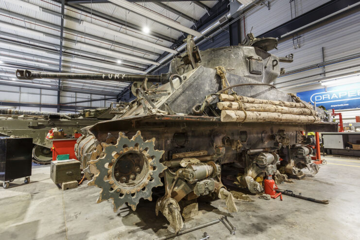 M4A2E8 Sherman 'Fury' taken apart in a workshop