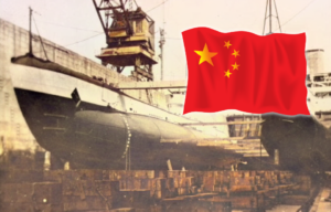 HMS Poseidon in dry dock and Chinese flag.