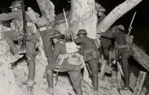 The Great War Realistic Travels Military photographs circa 1918 Leaving for a night raid at Messines British troops leave the trenches .